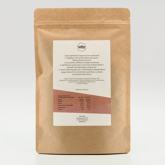 Vitto Trekking Nahrund Quinoa mit Karotte Verpackungs-Rückseite mit Beschrieb