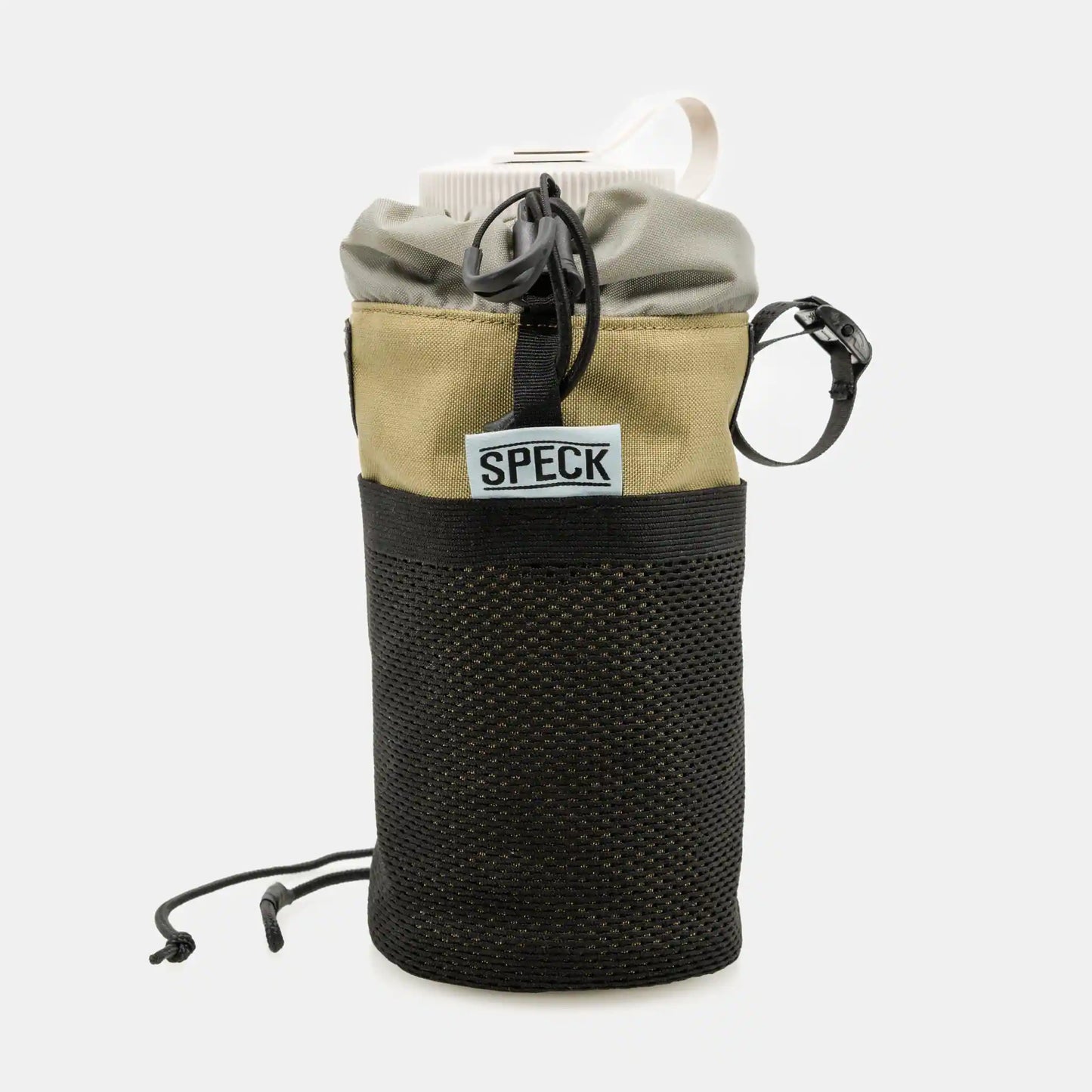 Speck Gear Cockpit-Tasche in Ingwer – Bikepacking Food Bag von vorne mit Netztasche und 1L Nalgene-Flasche