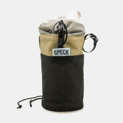 Speck Gear Cockpit-Tasche in Ingwer – Bikepacking Food Bag von vorne mit Netztasche und 1L Nalgene-Flasche