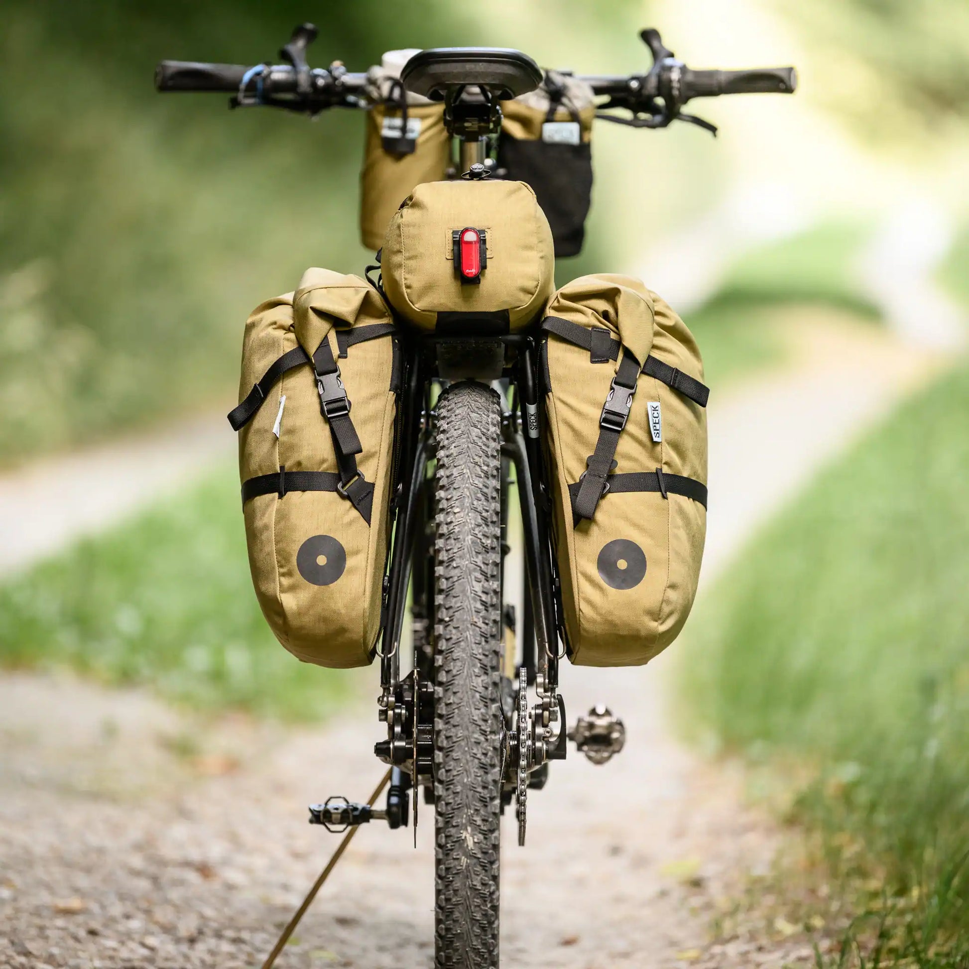 Ansicht von hinten mit Speck Mini-Pannier 11 und Rack-Pack 08