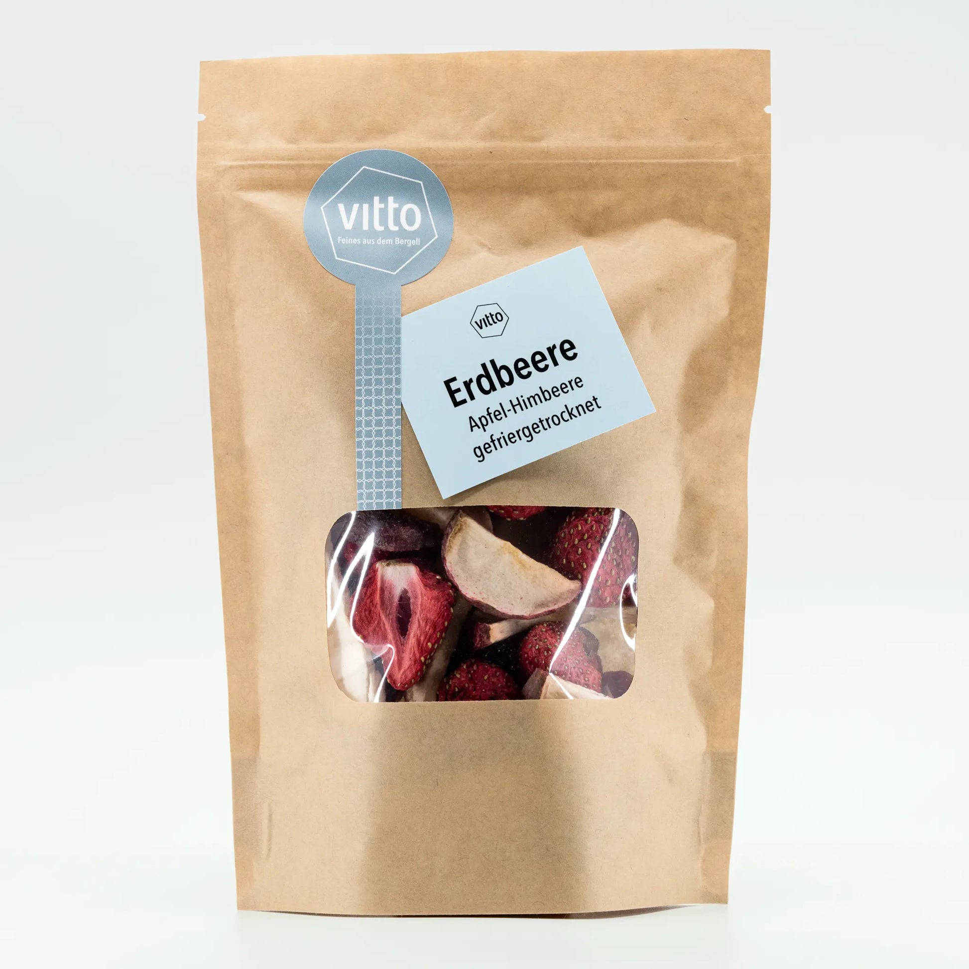 Verpackte Fruchtmischung (Sichtfenster) mit Erdbeere, Apfel und Himbeere