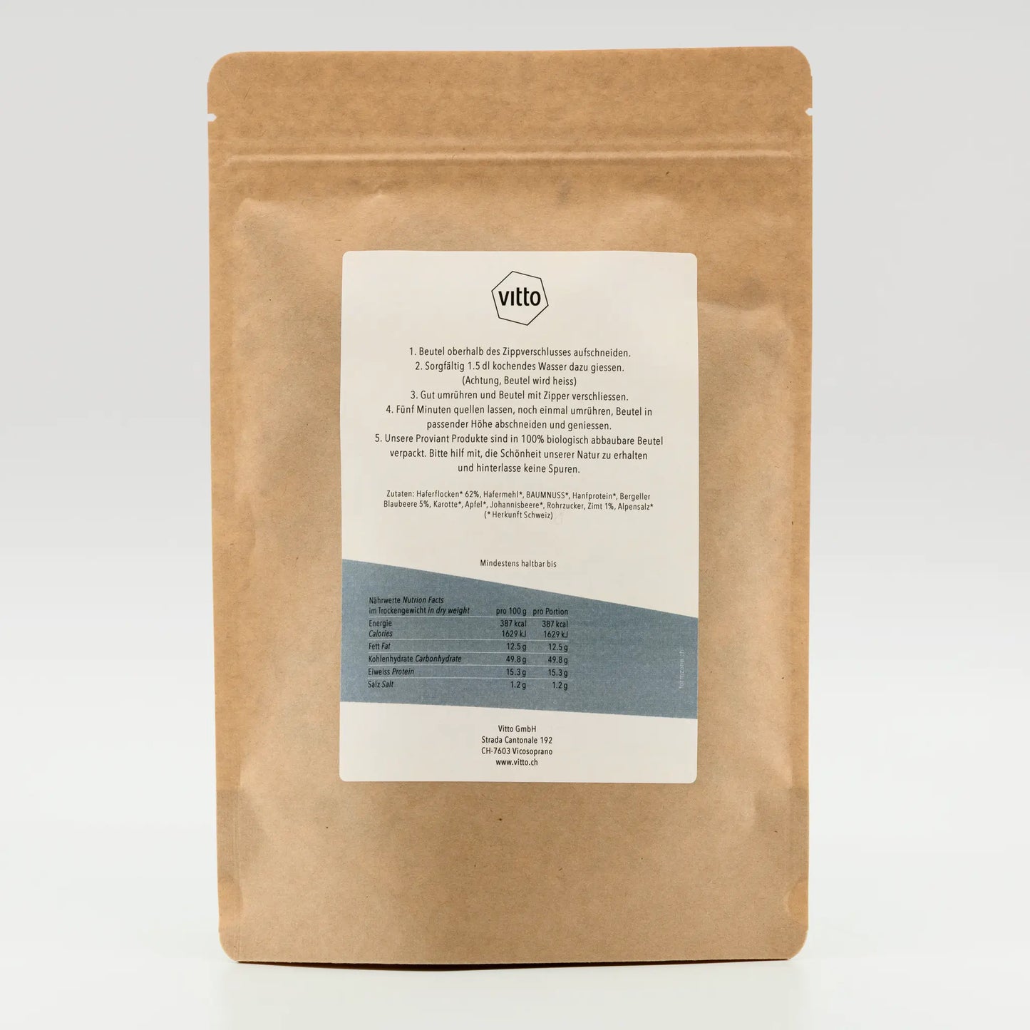 Vitto Hafer Porridge mit Blaubeere Verpackungs-Rückseite mit Beschrieb