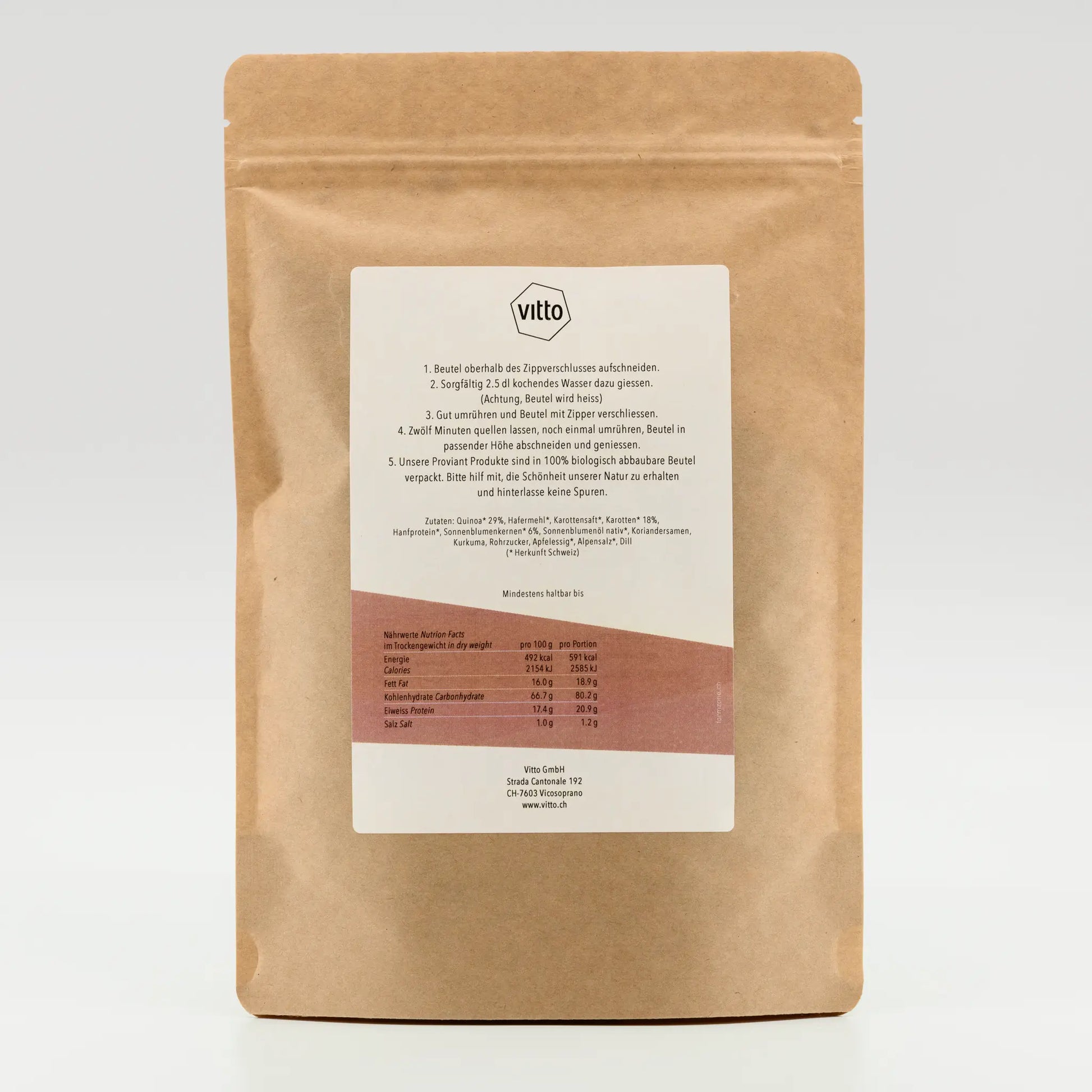 Vitto Trekking Nahrund Quinoa mit Karotte Verpackungs-Rückseite mit Beschrieb